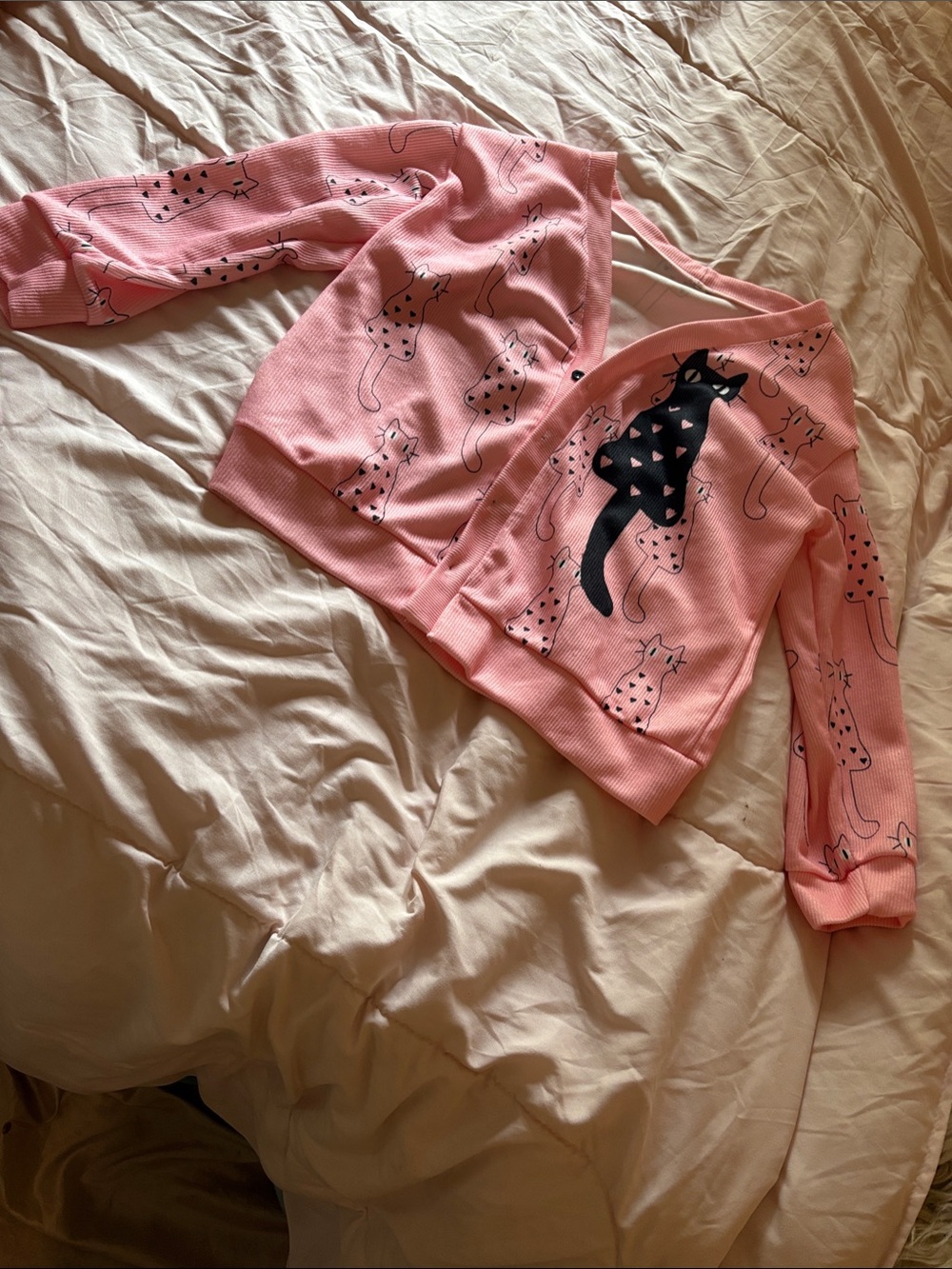 Pink Cat Print Cropped Cardigan